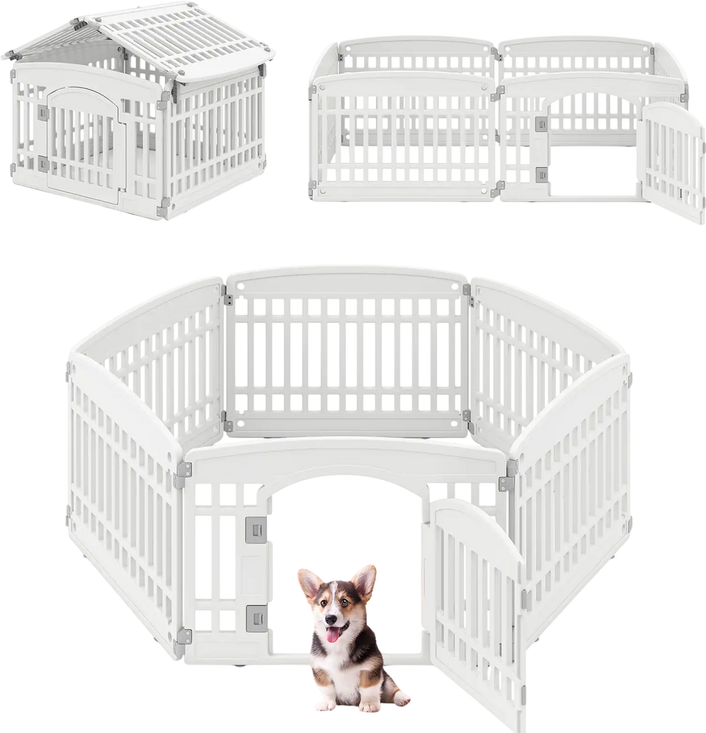 6-panel white plastic dog playpen with locking door, versatile shapes for indoor or outdoor pet containment.