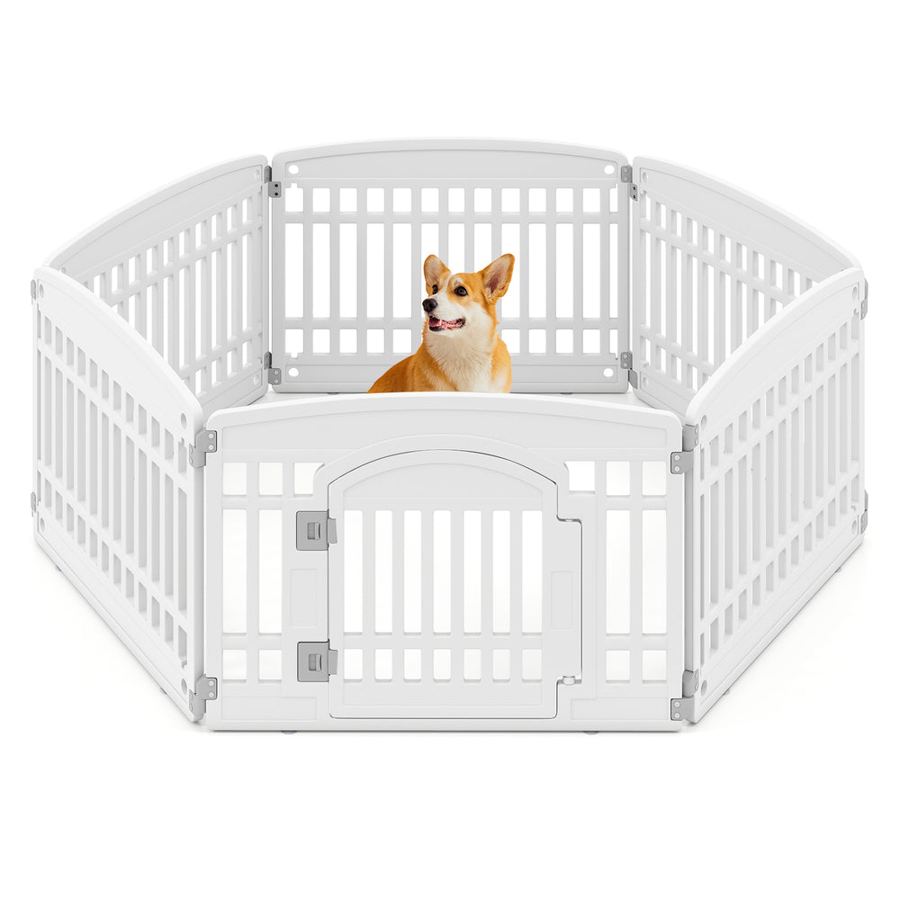 6-panel white plastic dog playpen with a locking door, designed for indoor and outdoor pet containment.