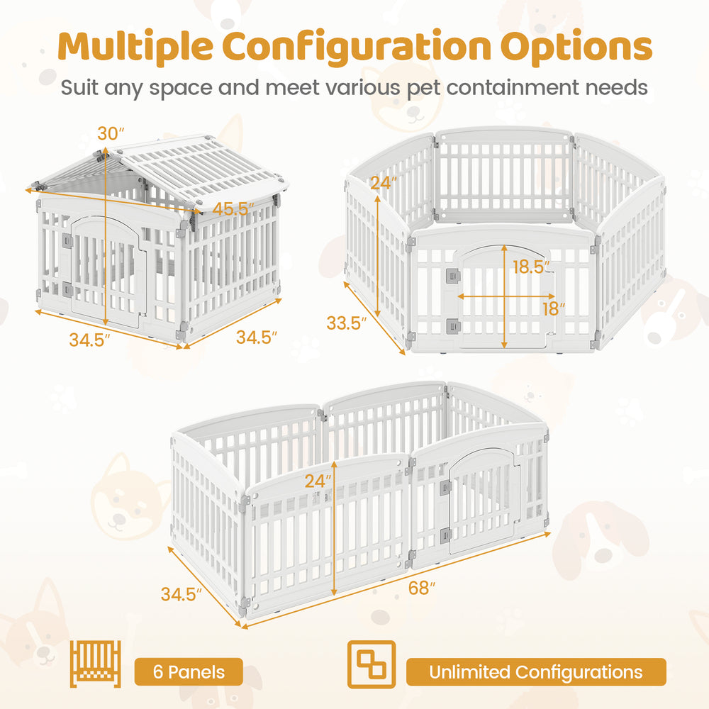 6-panel white plastic dog playpen with locking door, versatile configurations for indoor and outdoor pet containment.