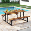 6-person acacia wood picnic table with dual benches, featuring a heavy-duty metal frame, ideal for outdoor gatherings.