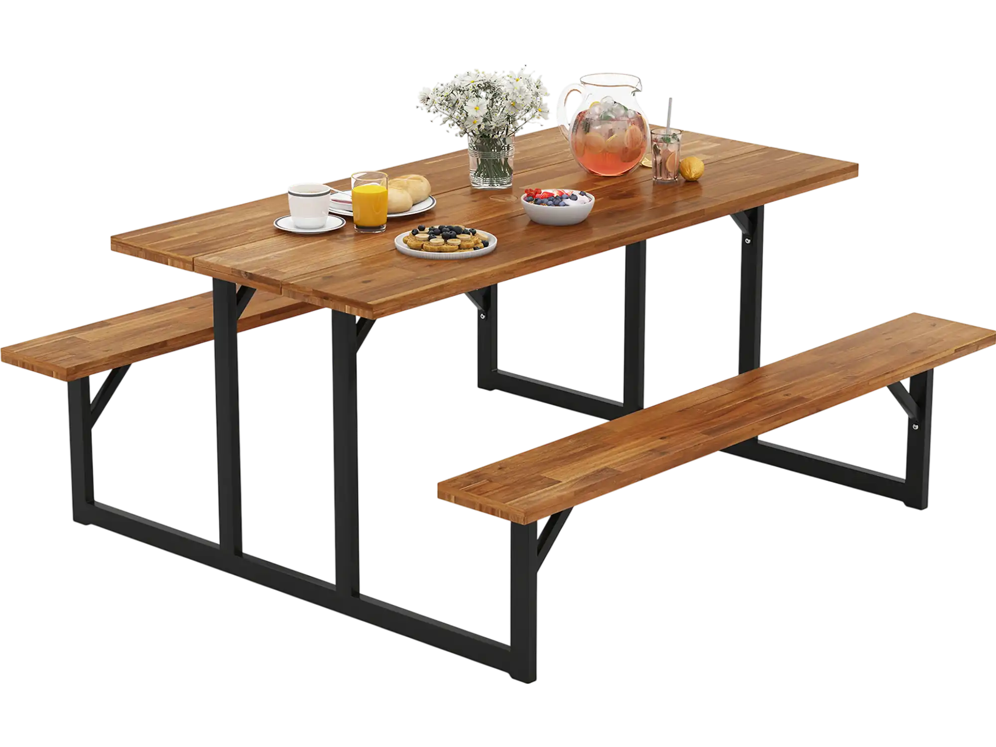 Costway 6-Person Acacia Wood Picnic Table w/ 2 Built-In Benches 941325876 New