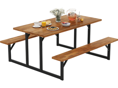Costway 6-Person Acacia Wood Picnic Table w/ 2 Built-In Benches 941325876 New