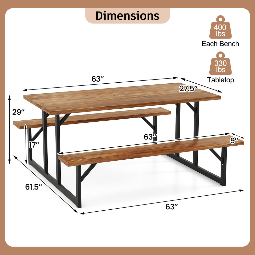 6-person acacia wood picnic table with dual benches, featuring a sturdy metal frame and umbrella hole for outdoor use.
