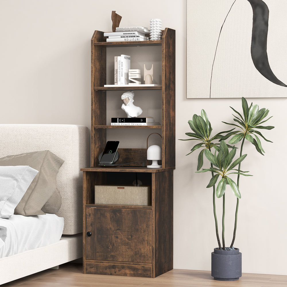 6-tier bookshelf nightstand in rustic brown with charging station, open shelves, and a cabinet for versatile storage.
