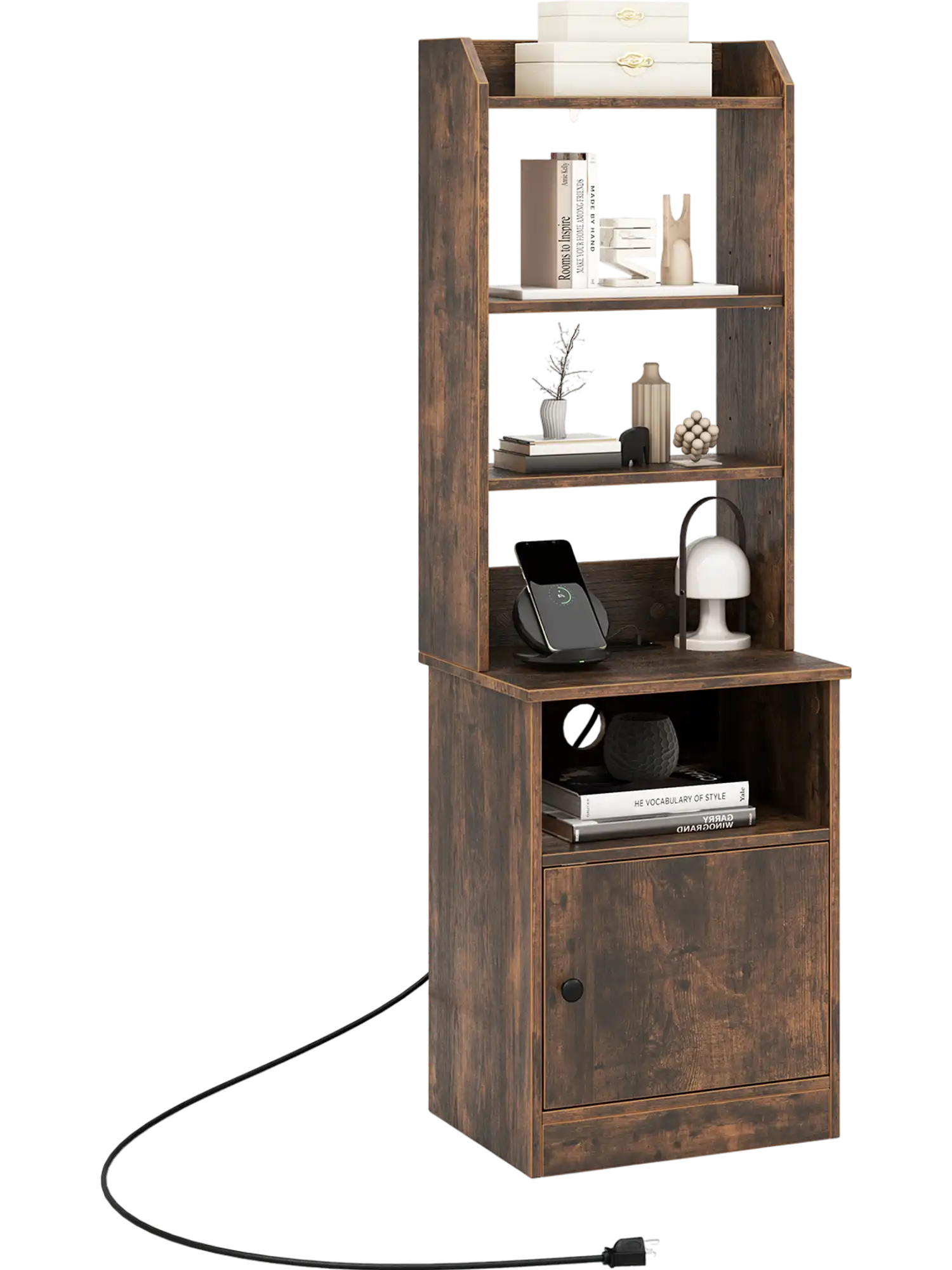 Costway 6-Tier Bookshelf Nightstand with Charging Station Cabinet 41258937 New