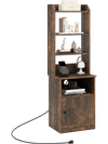 6-tier bookshelf nightstand in rustic brown with charging station, open shelves, and cabinet for versatile storage.