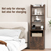 Rustic brown 6-tier bookshelf nightstand featuring a cabinet door and a convenient charging station for bedside use.