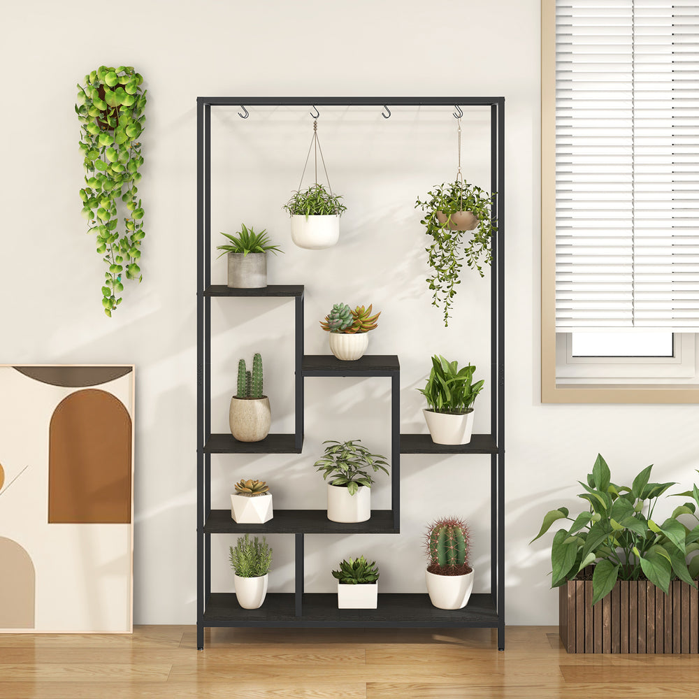 6-Tier Tall Plant Stand 71 Inch Metal Indoor Plant Shelf with 10 Hanging Hooks-Black - Gallery View 1 of 9