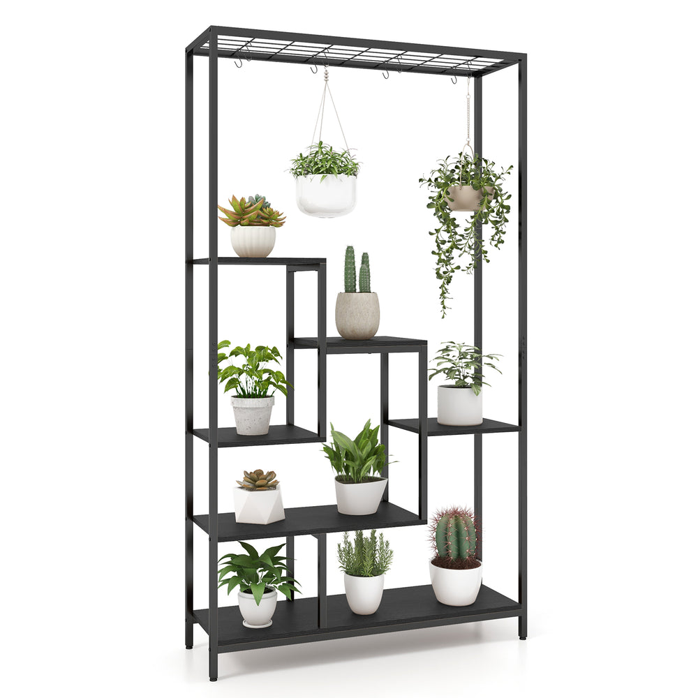 6-tier black metal plant stand with 10 hanging hooks, perfect for displaying indoor plants and saving space.