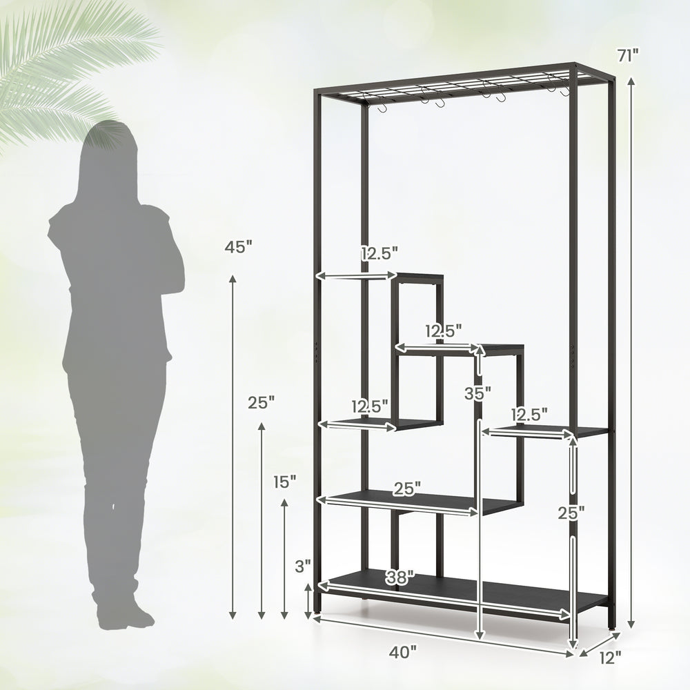 6-tier black metal plant stand with 10 hooks, multi-level design for indoor plants, 71 inches tall, space-saving.