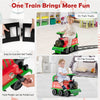 Green 6V electric kids ride-on toy train with 16 tracks, ideal for indoor and outdoor play, featuring retractable foot.