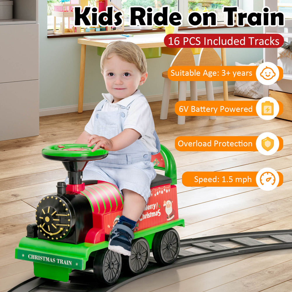 Kids ride-on toy train in green with 16 track pieces, suitable for ages 3+, featuring realistic sounds and lights.