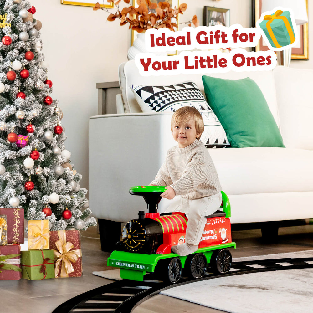 Kids ride-on electric toy train in green with tracks, ideal for children 3+, featuring realistic sounds and lights.