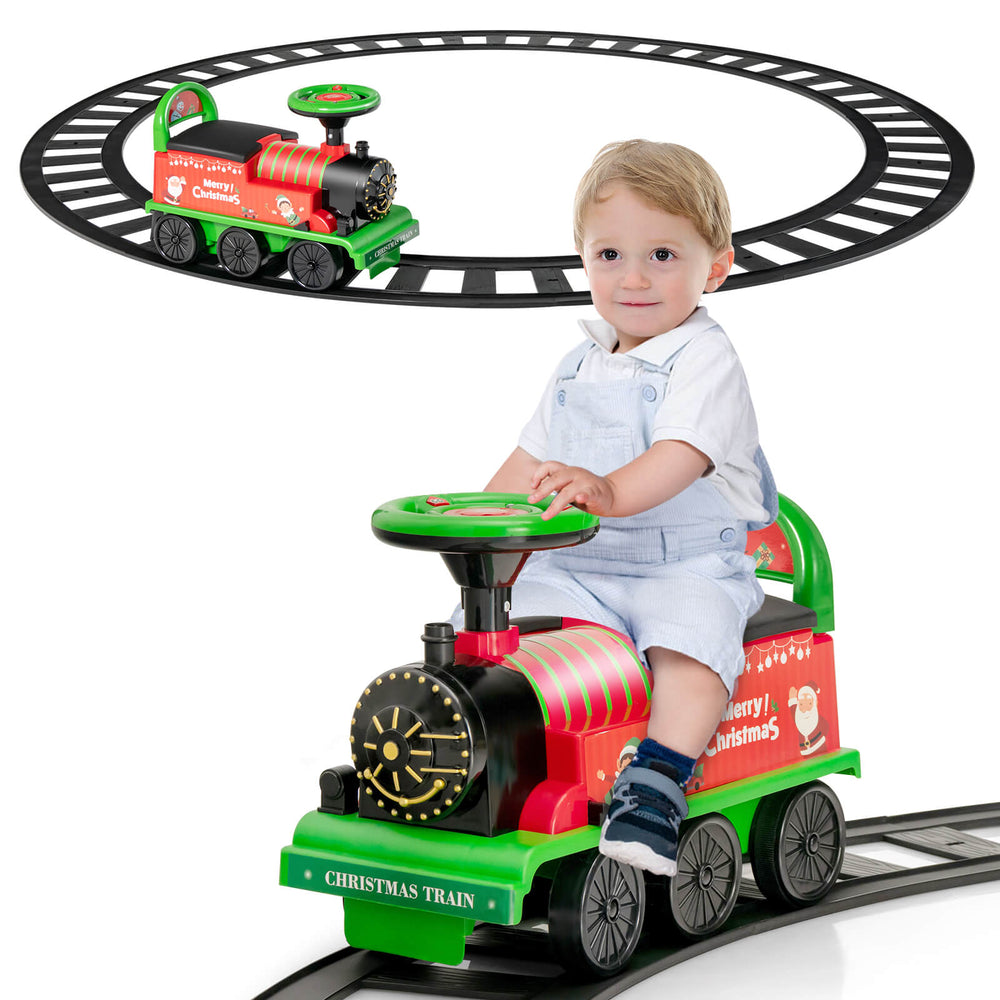 Kids ride-on electric toy train in green with 16 track pieces, designed for indoor and outdoor fun for ages 3+.