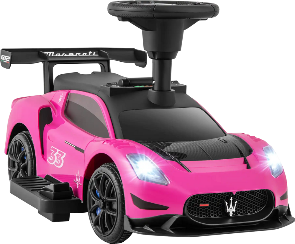 Maserati licensed pink electric kids ride-on car with foot pedal, LED lights, and comfortable seat for fun driving.
