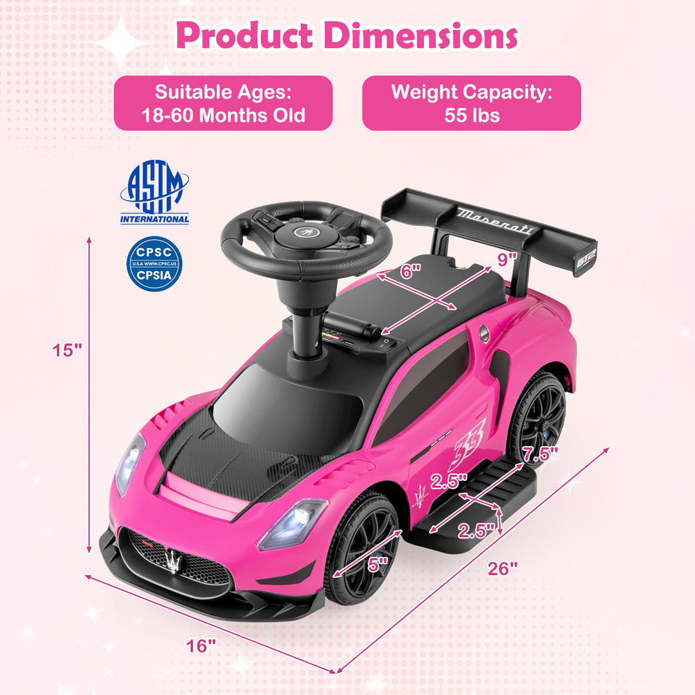 Maserati licensed pink 6V electric kids ride-on car with foot pedal, steering wheel, and music, suitable for ages 18-60.