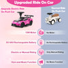 Maserati licensed 6V electric kids ride-on car in pink with foot pedal, LED lights, and music function for fun driving.