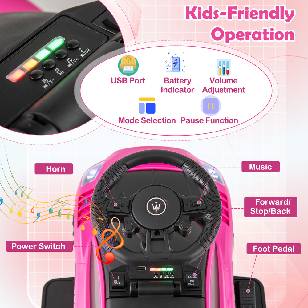 Kids-friendly dashboard of the 6V Maserati ride-on car featuring USB port, battery indicator, and volume adjustment.
