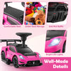Maserati licensed pink electric kids ride-on car with LED lights, comfortable seat, and under-seat storage for fun.