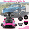 Maserati licensed pink toddler car with foot pedal, LED lights, and sound effects for fun outdoor driving.