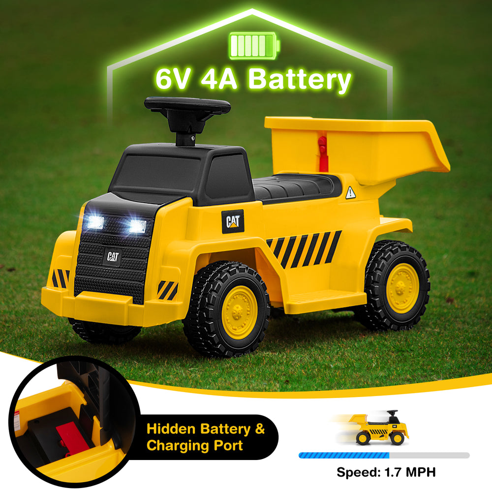 Electric licensed Caterpillar construction vehicle in yellow with detachable dump bed and LED lights for kids' fun.