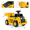 Yellow 6V electric Caterpillar construction vehicle with detachable dump bed, LED lights, and treaded wheels for kids.