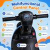 Multifunctional control panel of the blue 6V electric ride-on motorcycle features music buttons, USB port, and battery display.