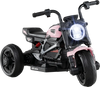 Kids electric motorcycle in pink with LED headlight, music player, and stable 3-wheel design for toddlers aged 3-5.