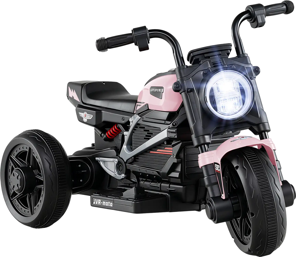Kids electric motorcycle in pink with LED headlight, music player, and stable 3-wheel design for toddlers aged 3-5.