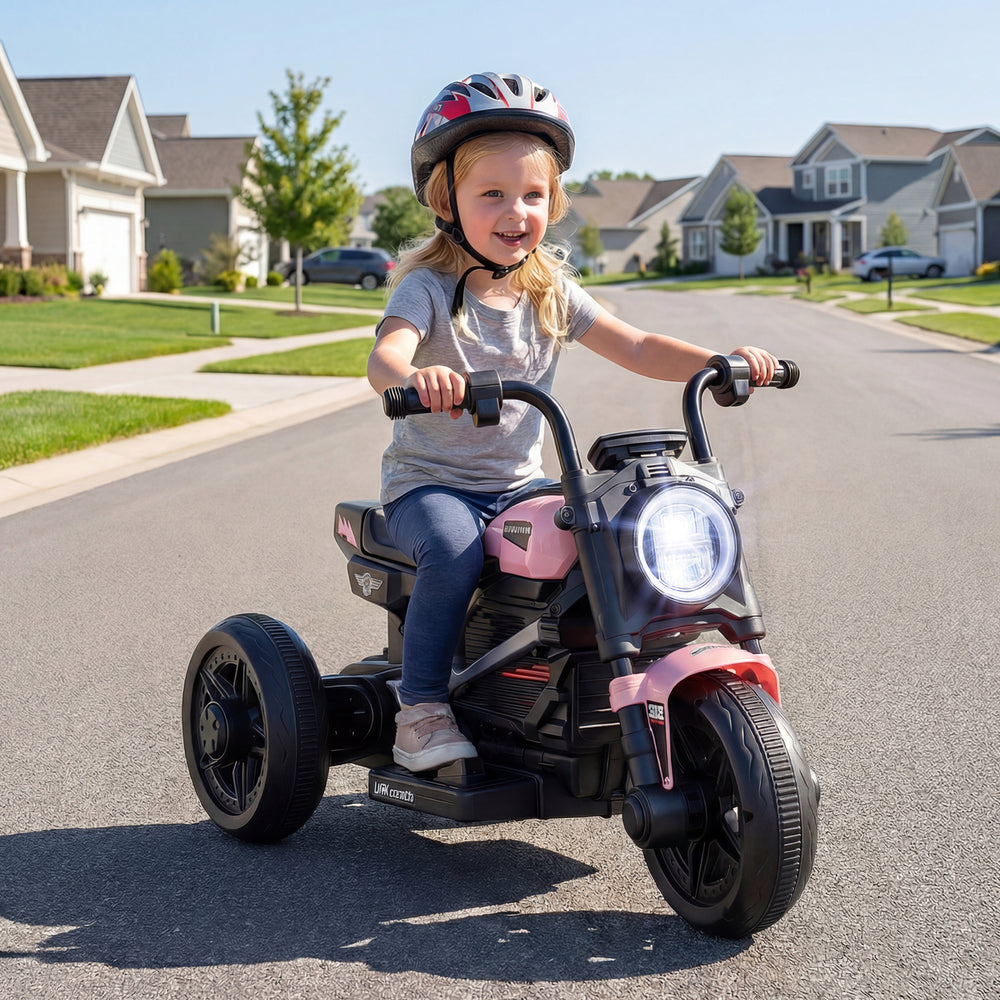 Kids electric motorcycle in pink with LED headlight, designed for toddlers aged 3-5, perfect for outdoor fun.