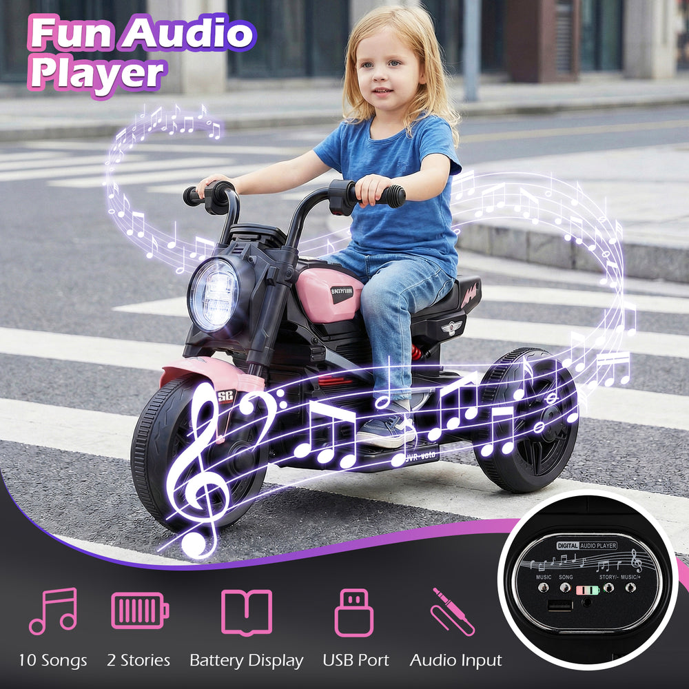 Fun audio player on the pink 6V kids electric motorcycle, featuring 10 songs and USB port for additional entertainment.