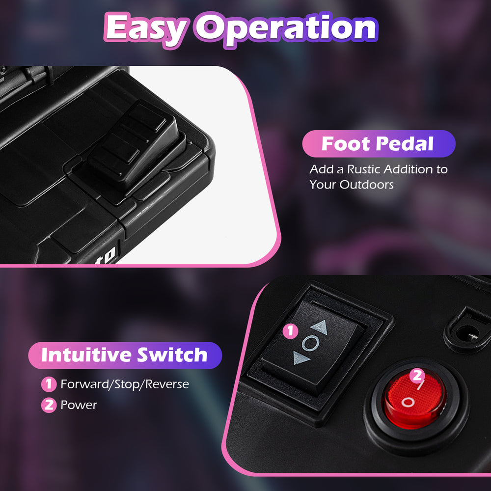 Close-up of the intuitive switch and foot pedal on the pink 6V kids electric motorcycle for easy operation.