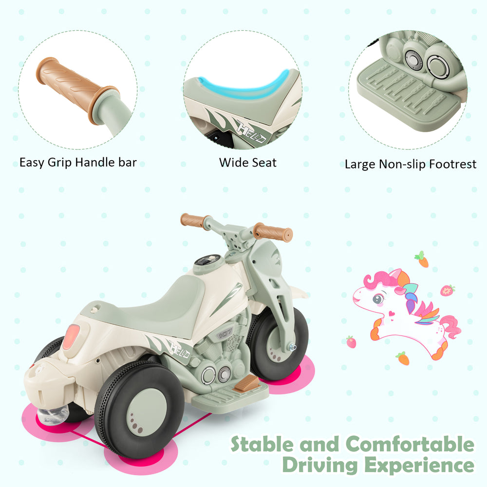 Kids electric ride-on motorcycle in beige with wide seat, stable structure, and bubble maker for fun outdoor play.