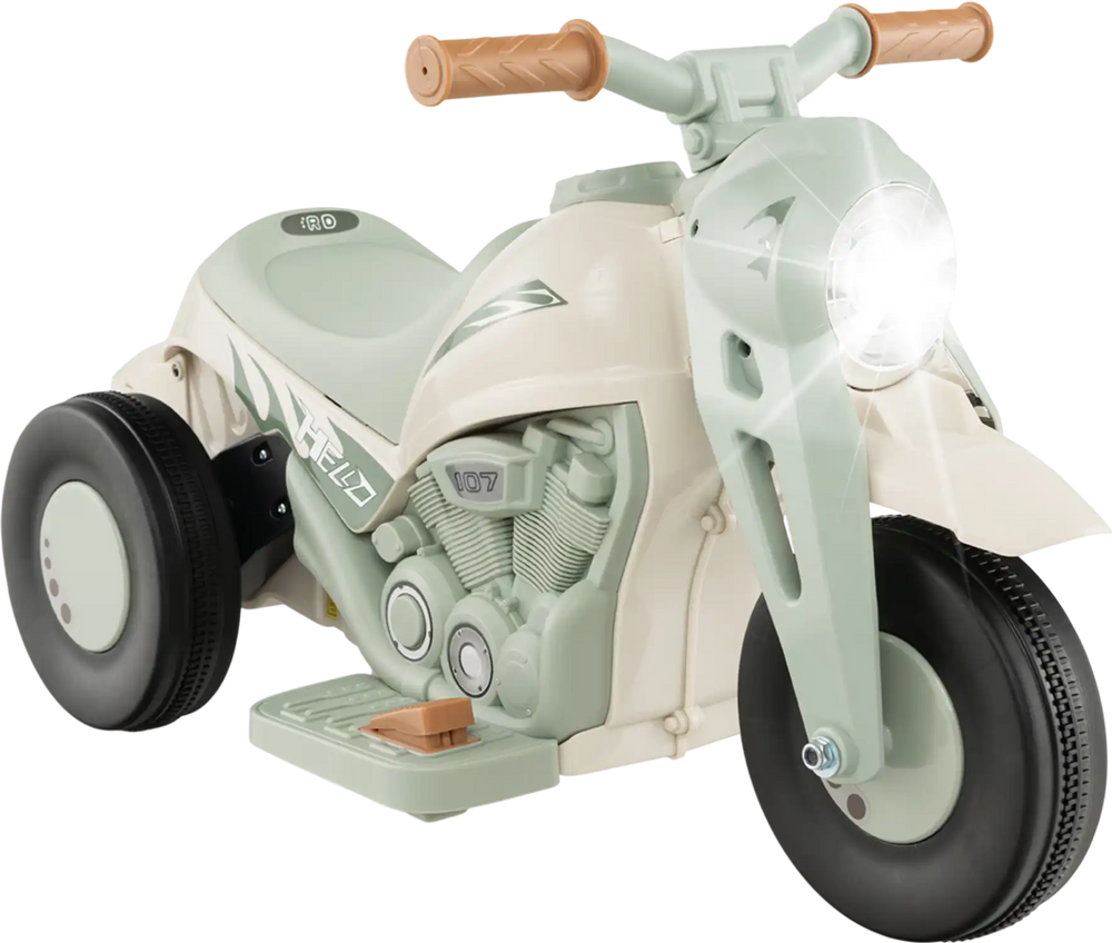 Kids electric ride-on motorcycle in beige with bubble maker, music function, and LED headlight for safe fun.