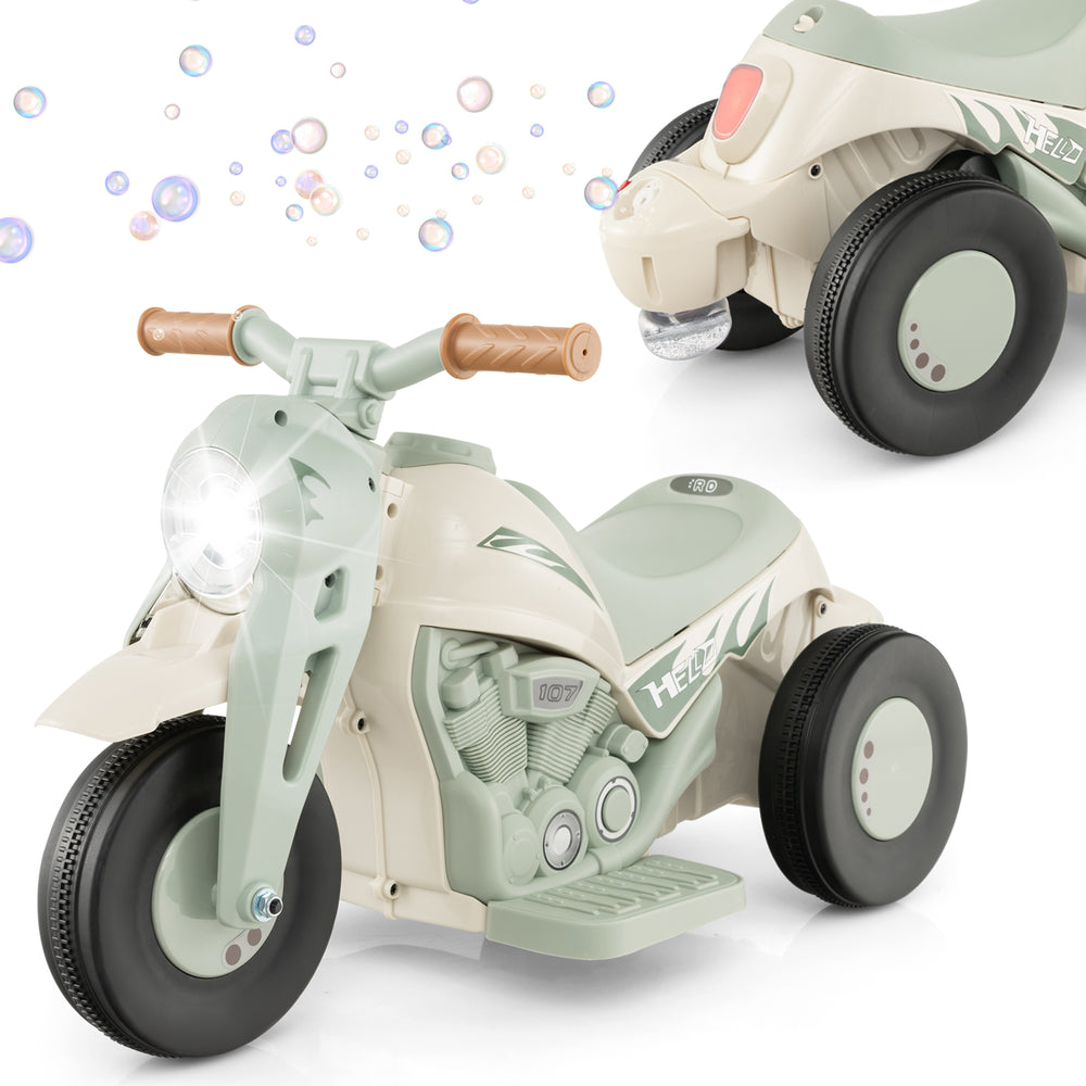 Kids electric ride-on motorcycle in beige with bubble maker, music function, and LED headlight for safe, fun rides.