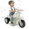 Kids electric ride-on motorcycle in beige with bubble maker, music, and LED headlight for fun outdoor adventures.