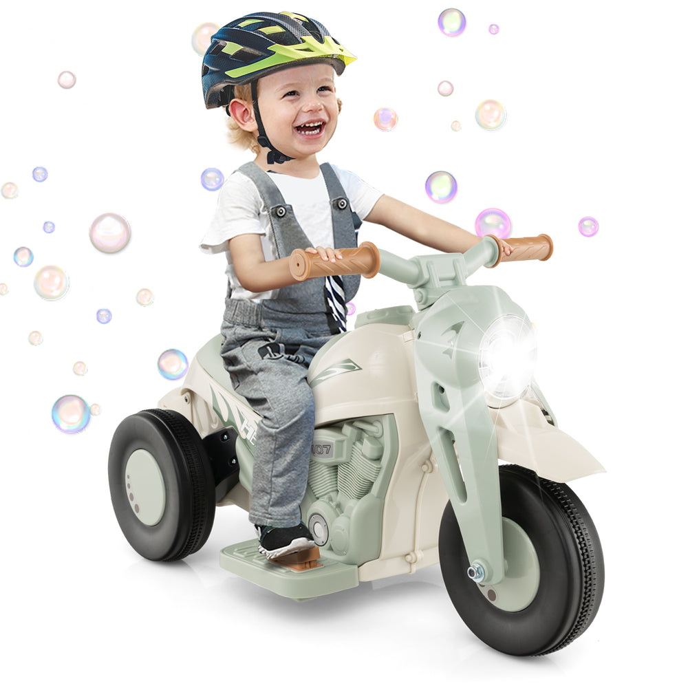Kids electric ride-on motorcycle in beige with bubble maker, music, and LED headlight for fun outdoor adventures.