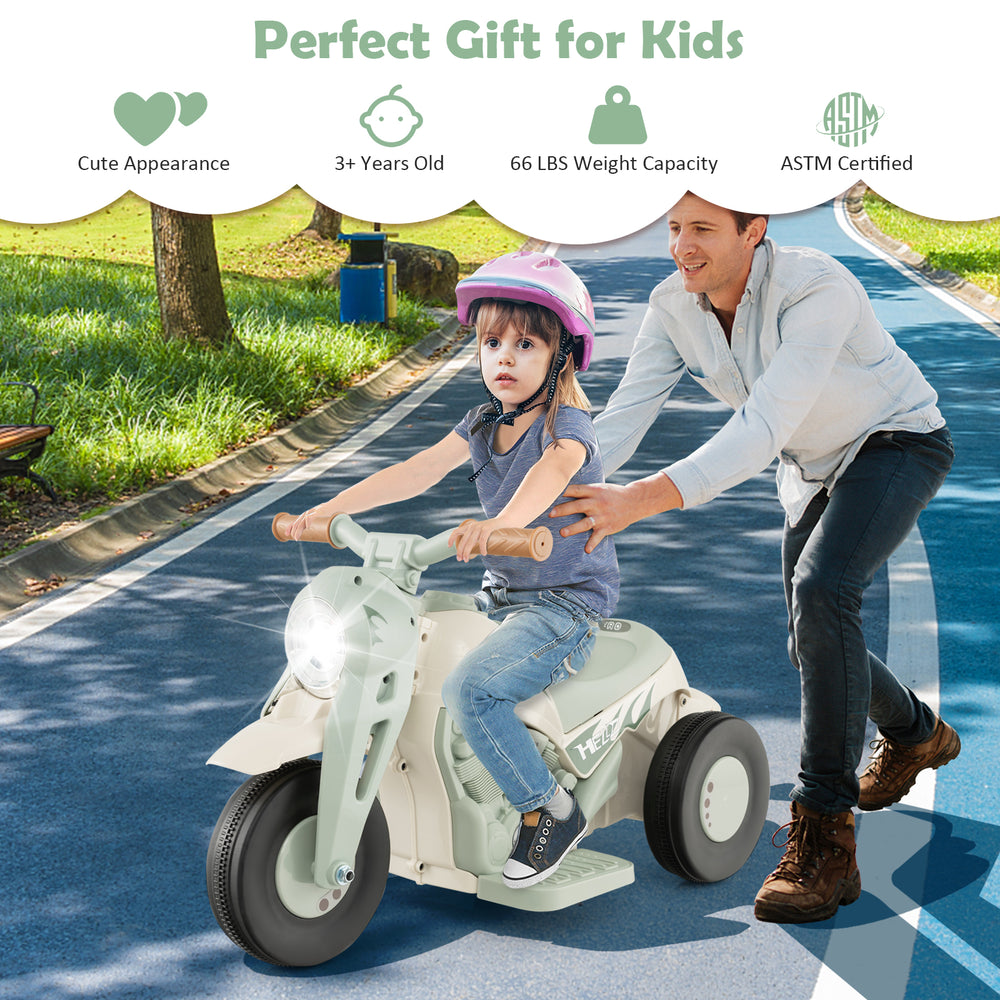 Kids electric ride-on motorcycle in beige with bubble maker, music, and LED headlight for safe, fun rides.