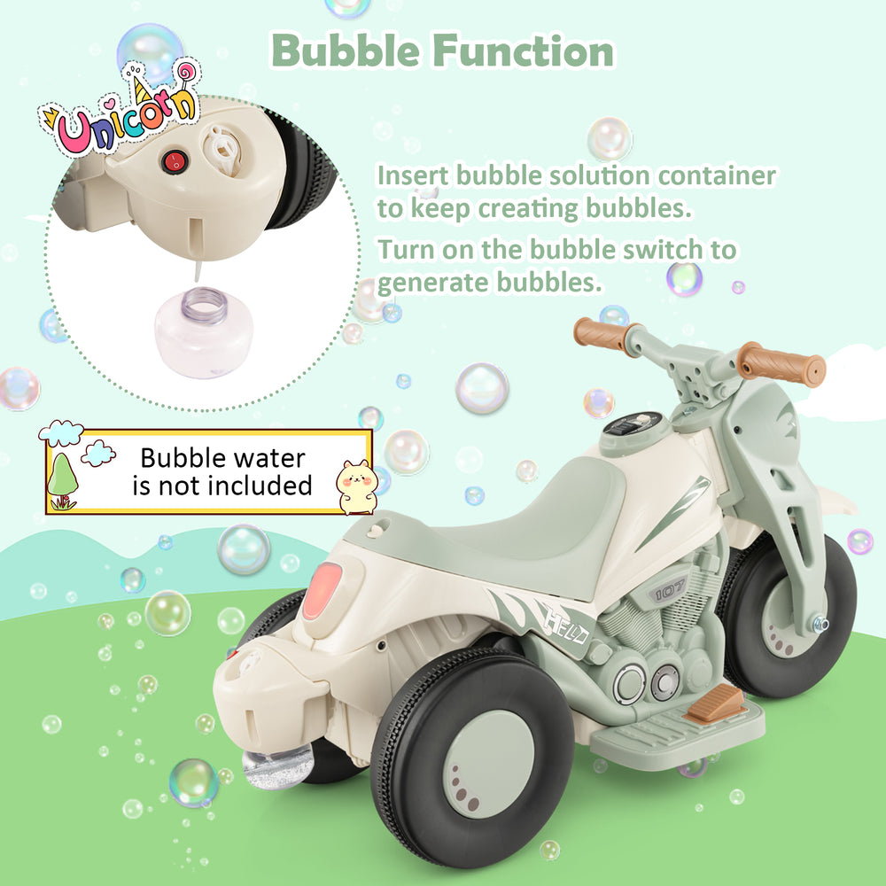 Kids electric ride-on motorcycle in beige with bubble maker, music function, and supportive footrest for fun rides.