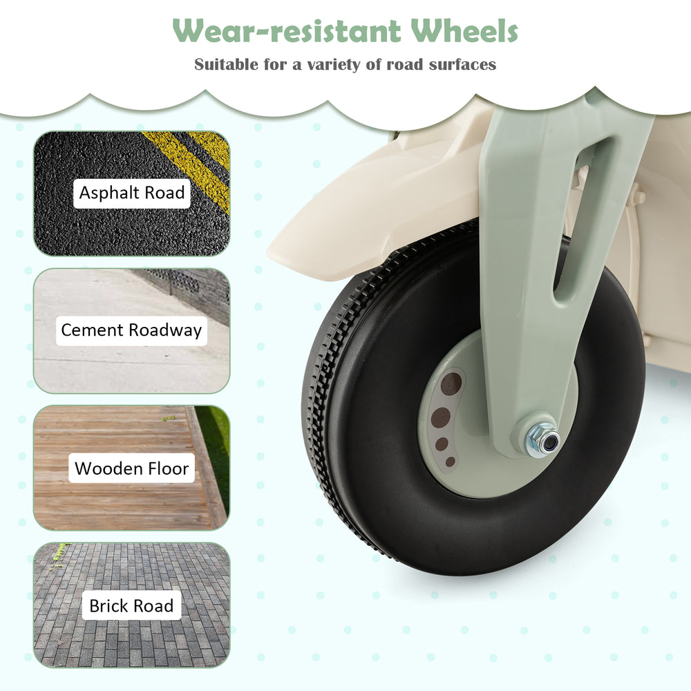 Close-up of the wear-resistant wheel of a 6V kids electric motorcycle, suitable for various road surfaces.