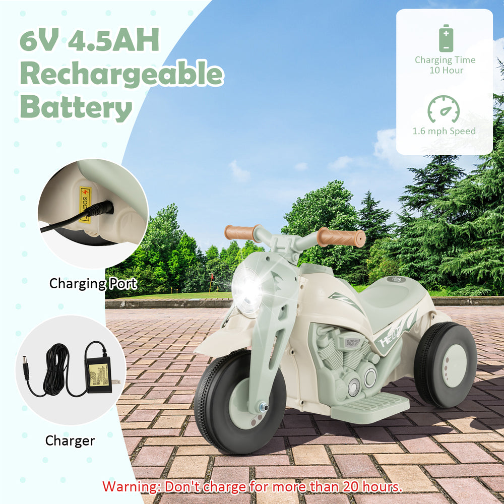 Kids electric ride-on motorcycle in beige with bubble maker, music, and LED headlight for safe outdoor fun.