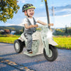 Kids electric ride-on motorcycle in beige with LED headlight, music, and bubble maker for fun outdoor adventures.