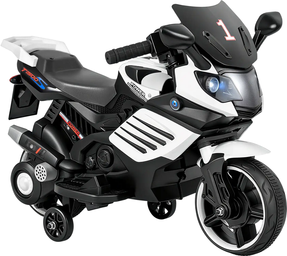 Kids motorcycle in white with headlights, music, and detachable training wheels for safe outdoor fun.