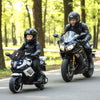 Kids motorcycle in white with headlights, music, and detachable training wheels, perfect for outdoor fun and stable.