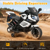 Kids motorcycle in white with headlights, music, detachable training wheels, and 6V battery for safe outdoor fun.