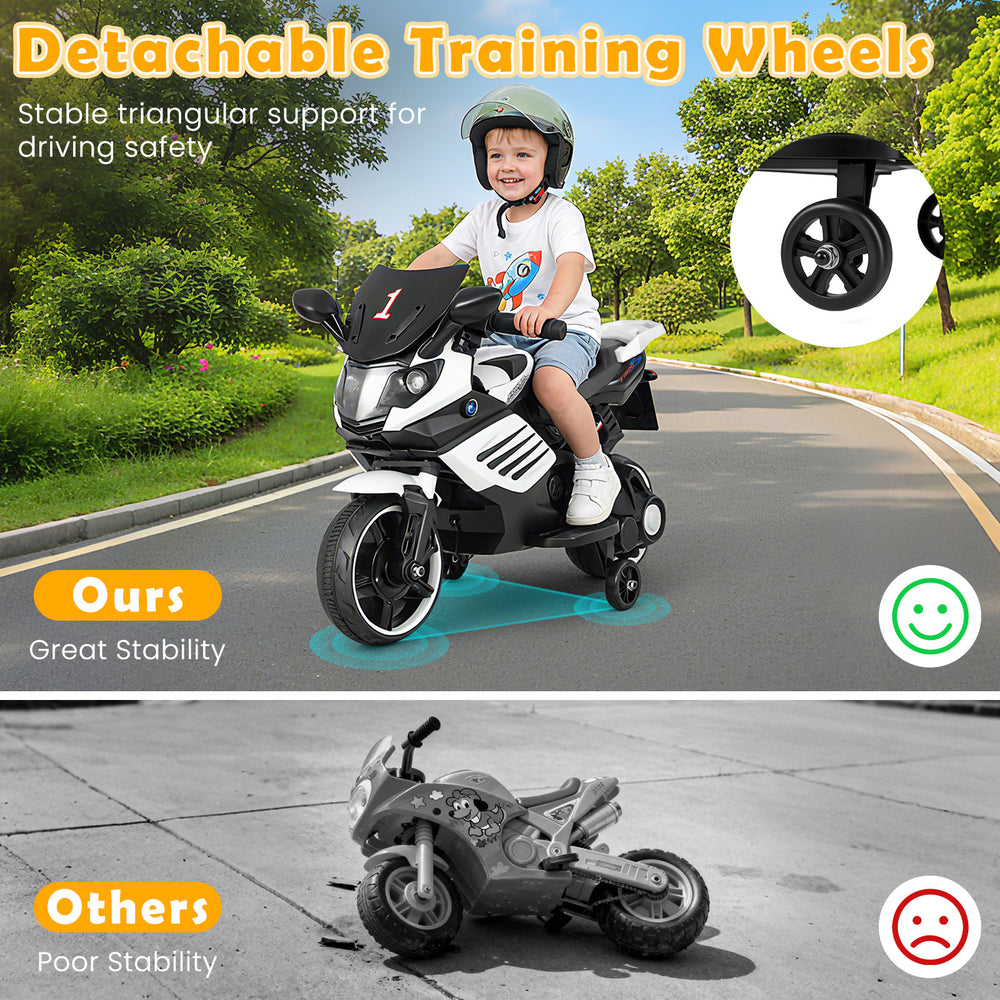 Kids motorcycle with detachable training wheels, LED headlights, and music features for a fun and stable riding.