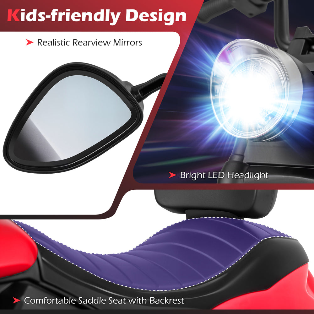 Close-up of the 6V kids motorcycle's bright LED headlight and realistic rearview mirrors for enhanced safety and.