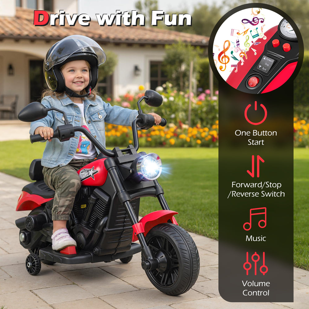 Kids motorcycle in red with headlight, music, and training wheels, designed for safe and fun riding for ages 3+.