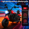 Red 6V kids motorcycle with headlight, training wheels, and music features, designed for safe riding and fun.