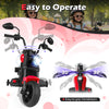 Red 6V kids motorcycle with easy-to-grip handlebars, bright headlights, and detachable training wheels for safe riding.